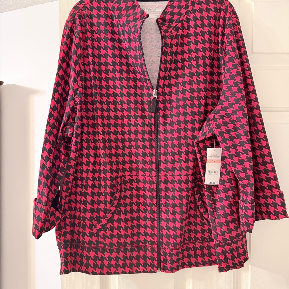 Kim Rogers Pink and Black Houndstooth Bomber Jacket